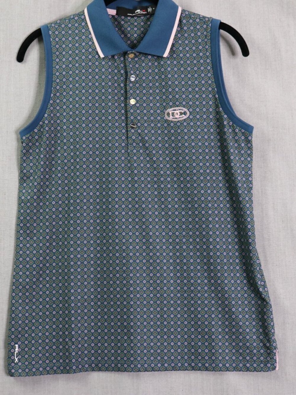 RLX Ralph Lauren Womens M Golf Shirt DC Chest Logo Sleeveless Geo Print Teal
